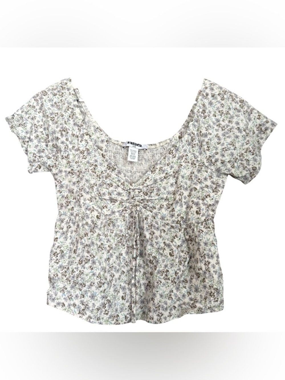 RSQ Cream Floral Smocked Scoop-Neck Babydoll Blouse with Brown & Green Accents